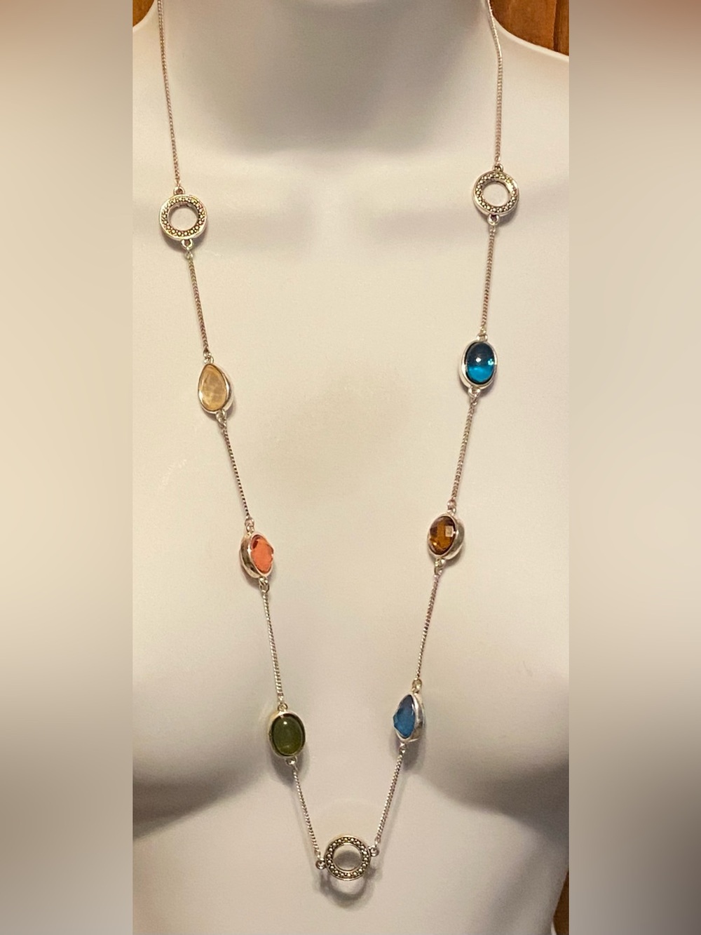 Vintage Nina Ricci for Avon Silver Tone Necklace with Multicolored Bezels